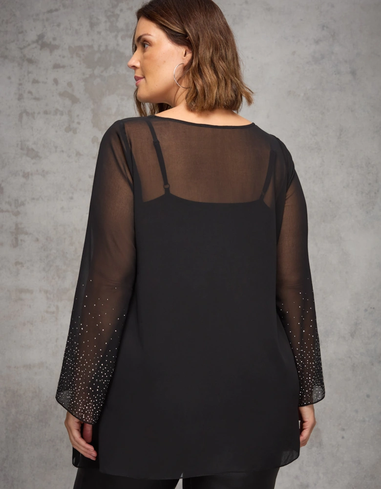 Black Sheer Embellished Sleeve Layered Tunic