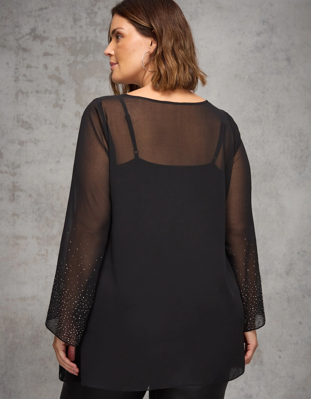 Black Sheer Embellished Sleeve Layered Tunic