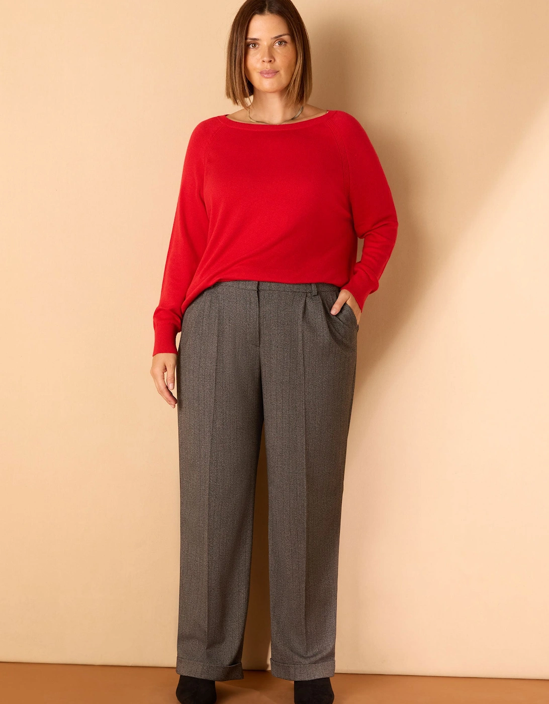 Grey Herringbone Wide Leg Trouser