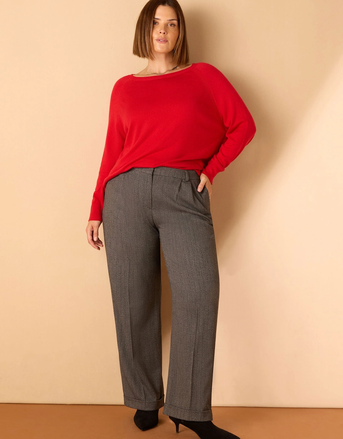 Grey Herringbone Wide Leg Trouser