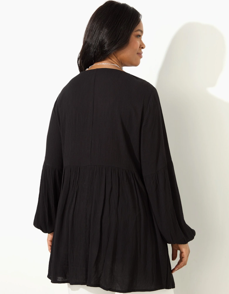 Black Embroidered Viscose Crinkle Tunic