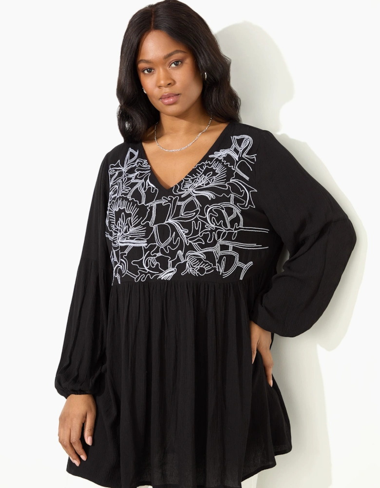 Black Embroidered Viscose Crinkle Tunic