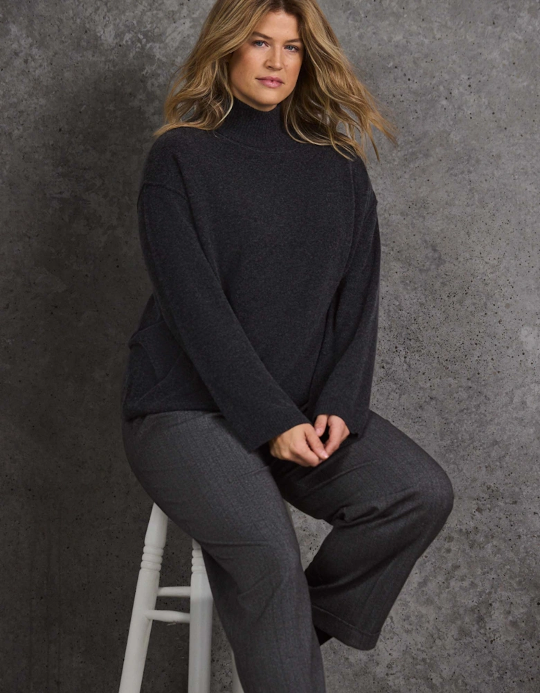 Grey Cashmere-Blend Roll Neck Knit Jumper
