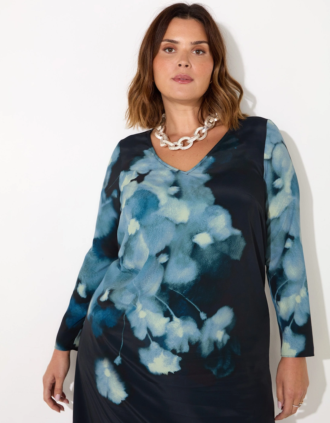 Blue Floral Print Long Sleeve Midaxi Dress