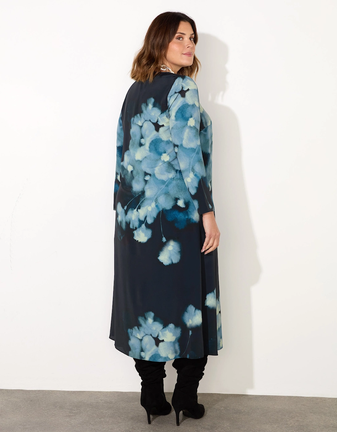 Blue Floral Print Long Sleeve Midaxi Dress