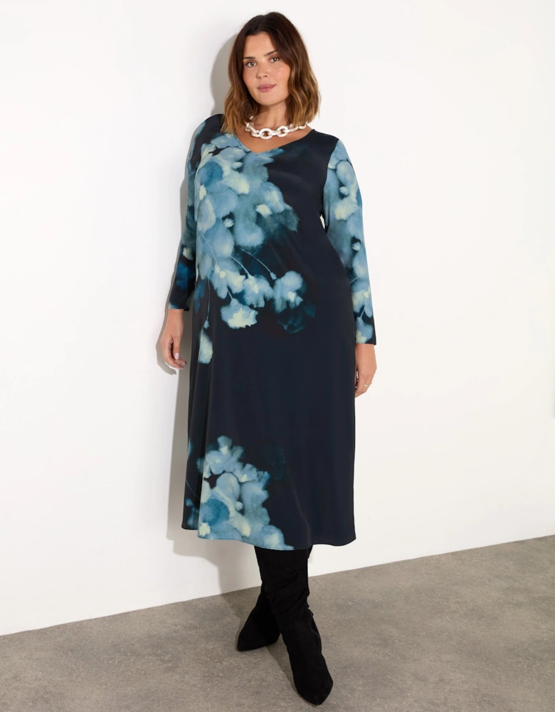 Blue Floral Print Long Sleeve Midaxi Dress