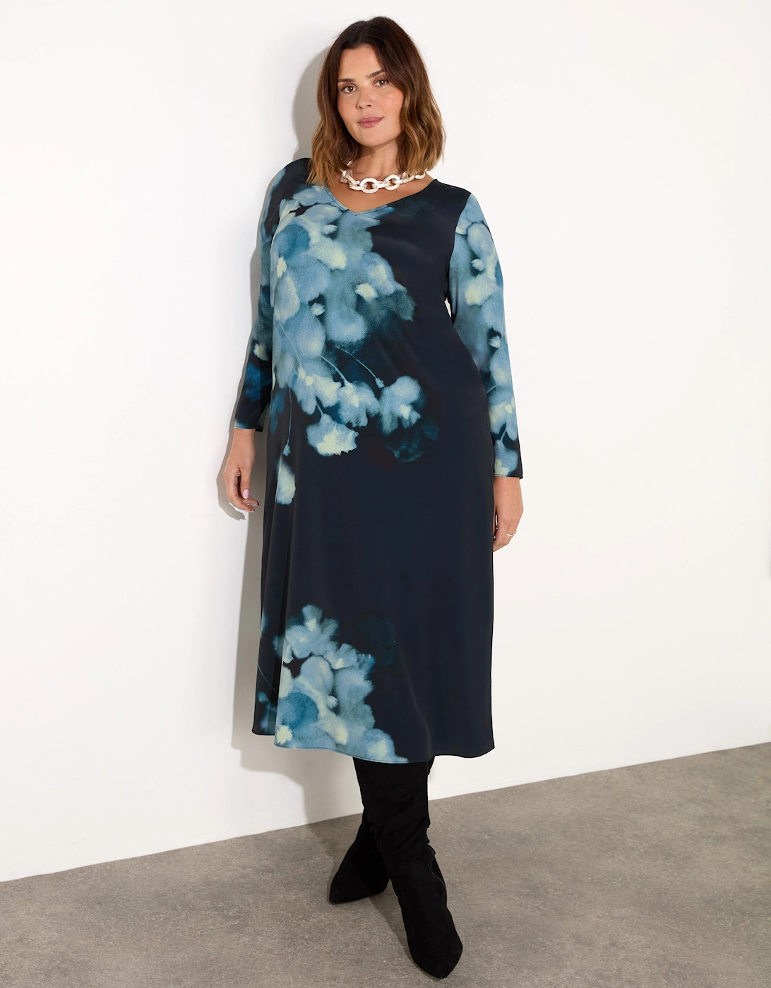 Blue Floral Print Long Sleeve Midaxi Dress