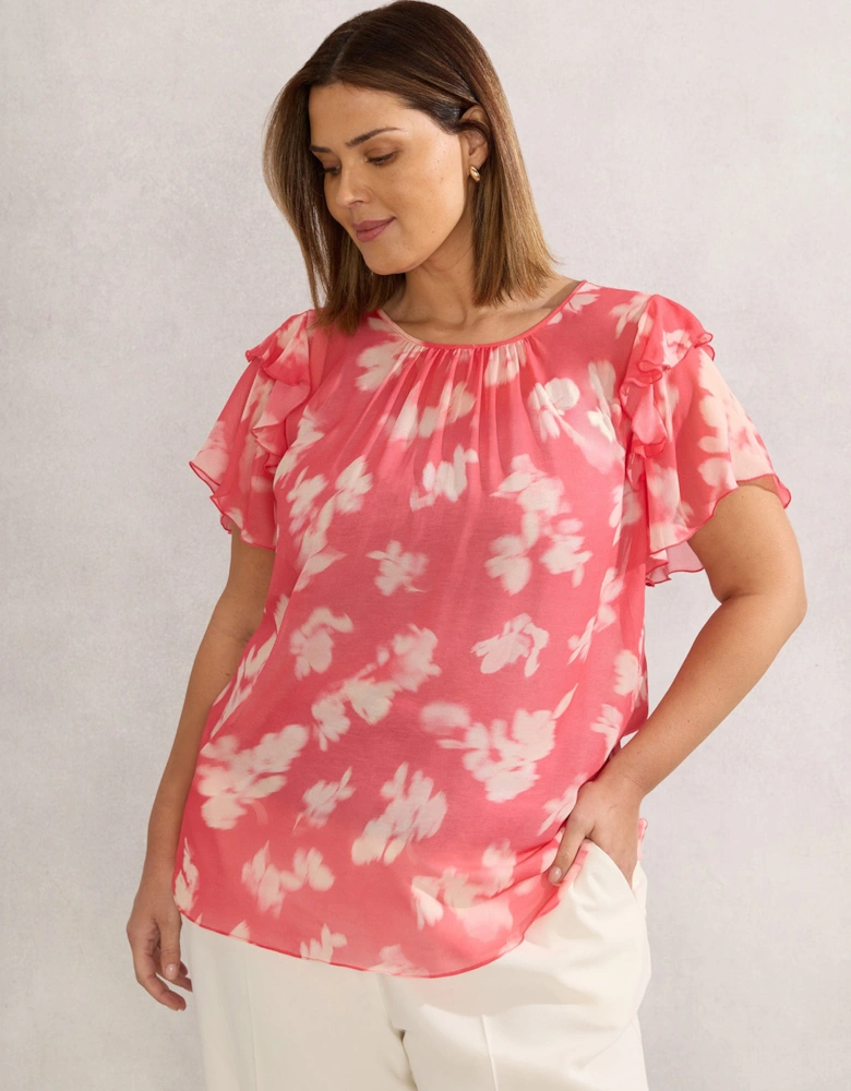 Coral Floral Print Ruffle Overlay Blouse
