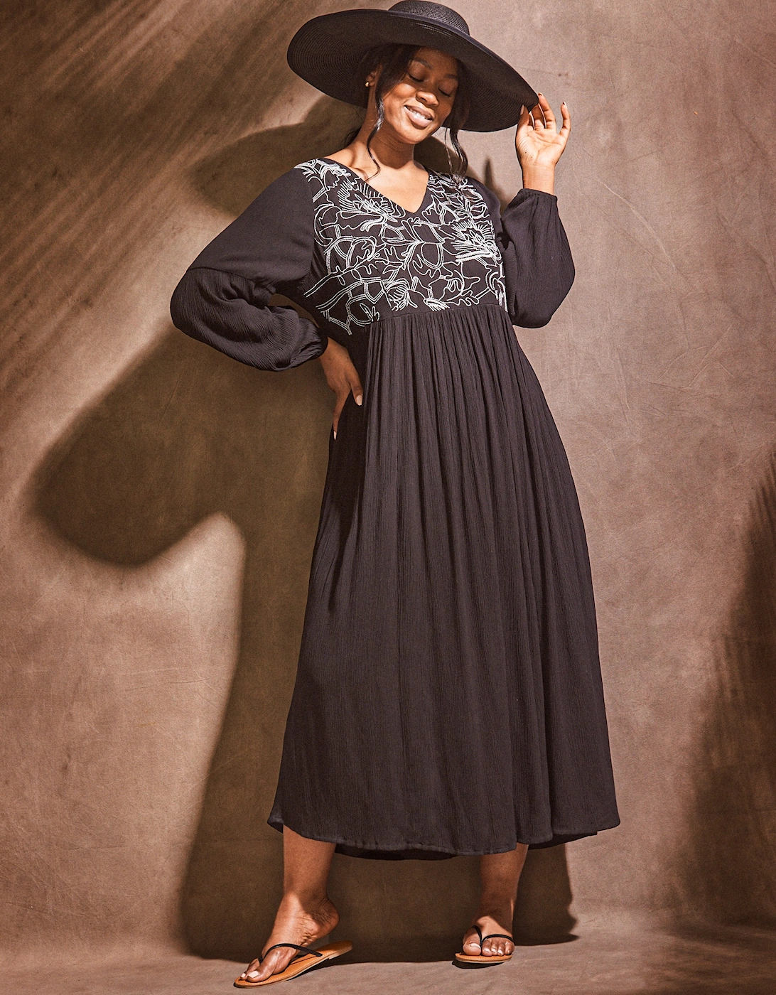 Black Embroidered Viscose Crinkle Dress