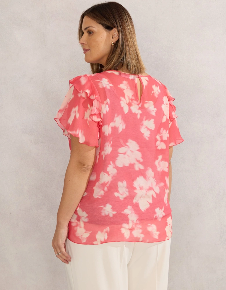 Coral Floral Print Ruffle Overlay Blouse