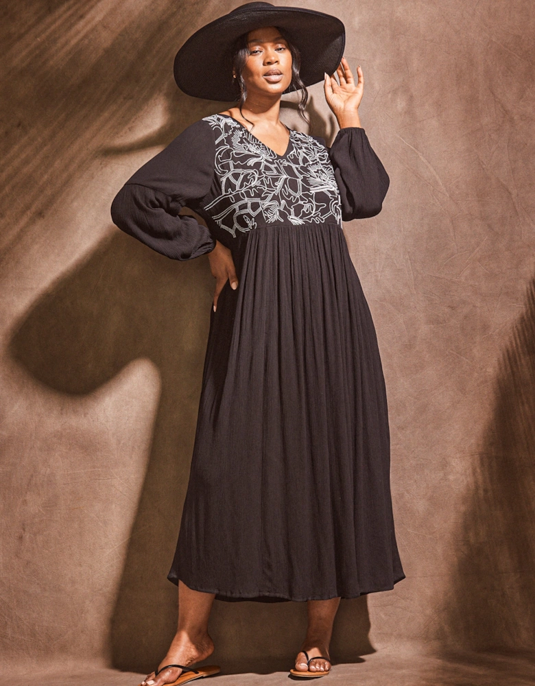 Black Embroidered Viscose Crinkle Dress