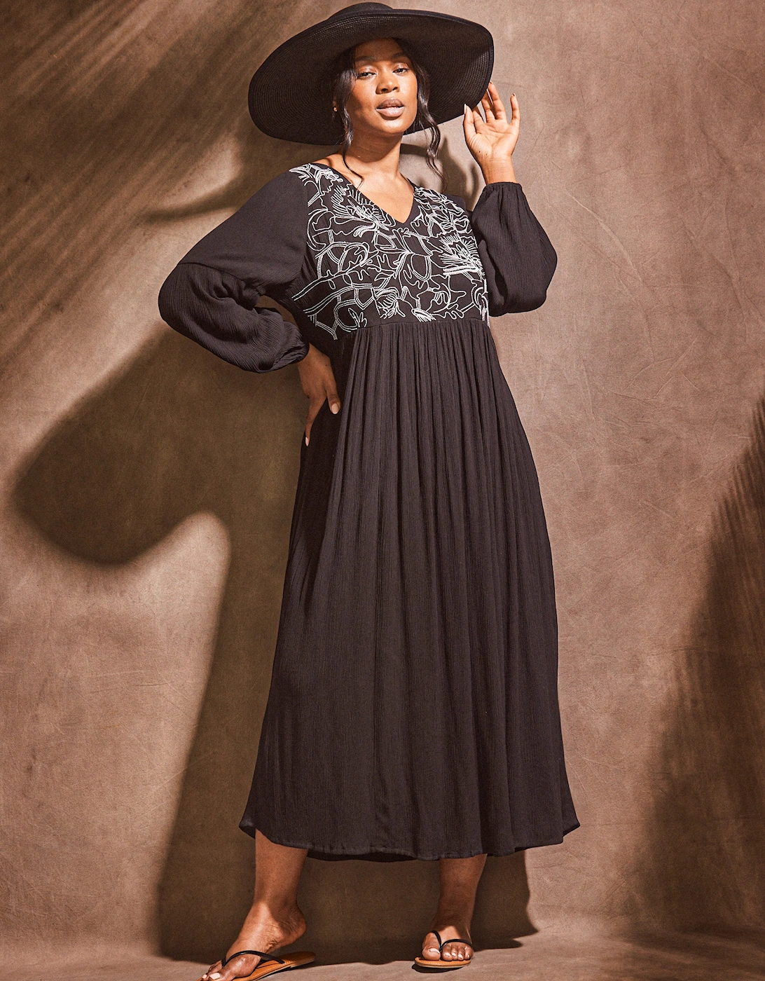 Black Embroidered Viscose Crinkle Dress