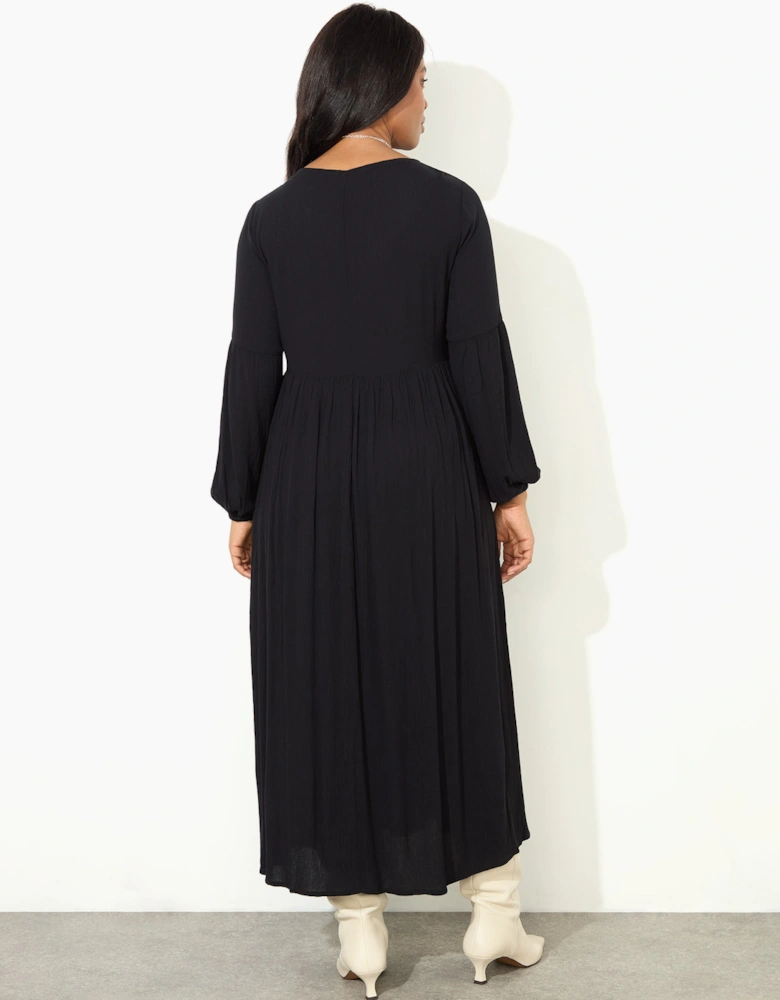 Black Embroidered Viscose Crinkle Dress
