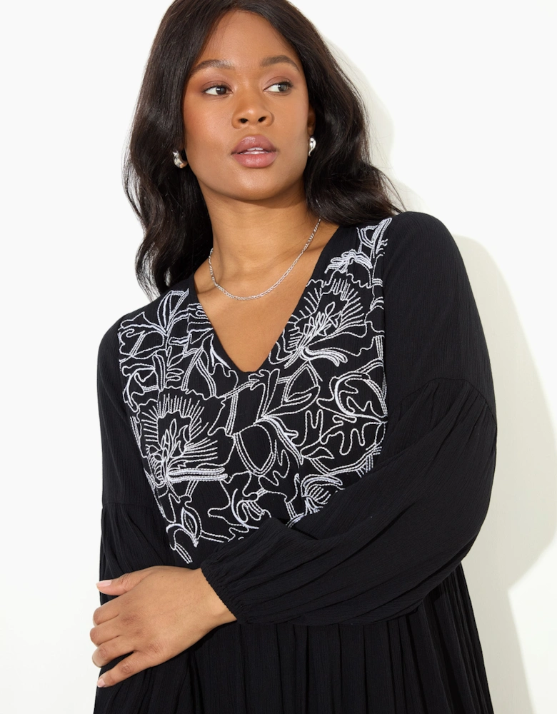 Black Embroidered Viscose Crinkle Dress
