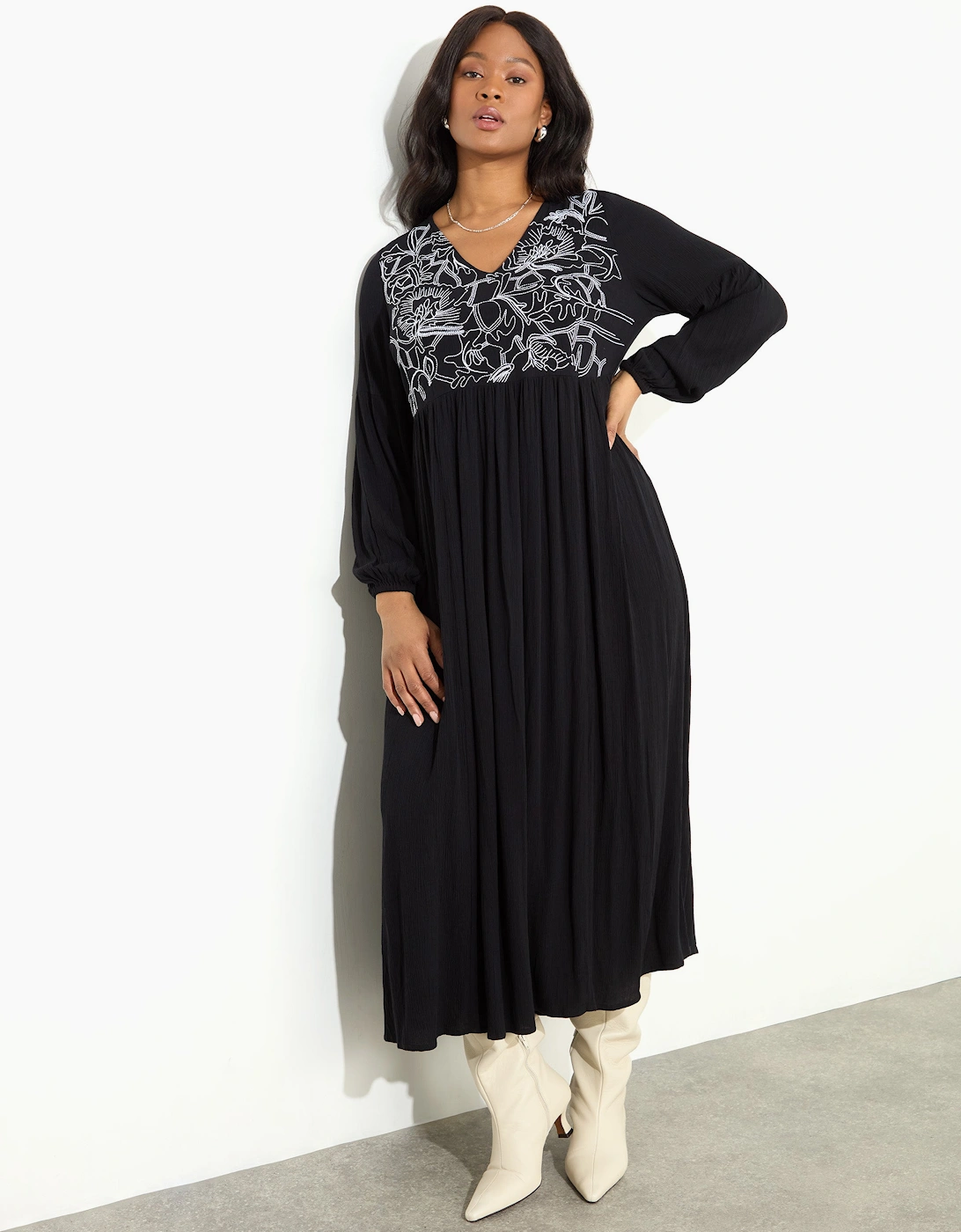 Black Embroidered Viscose Crinkle Dress