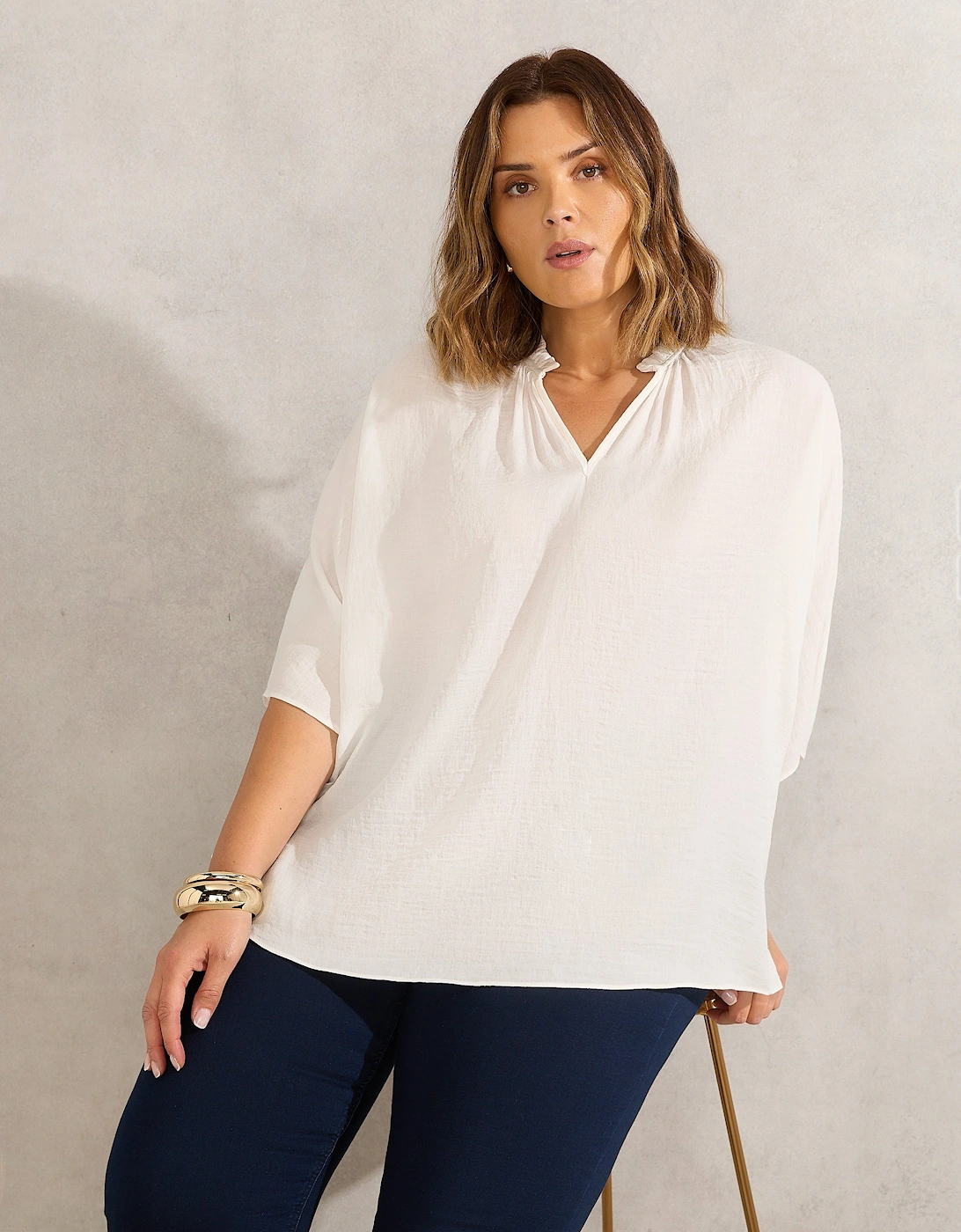 Ivory Dolman Sleeve Gathered Neck Top