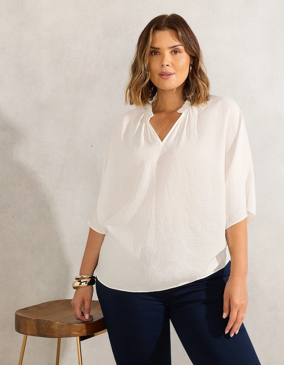 Ivory Dolman Sleeve Gathered Neck Top