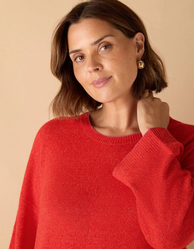 Red Crew Neck Contrast Stitch Knit Jumper