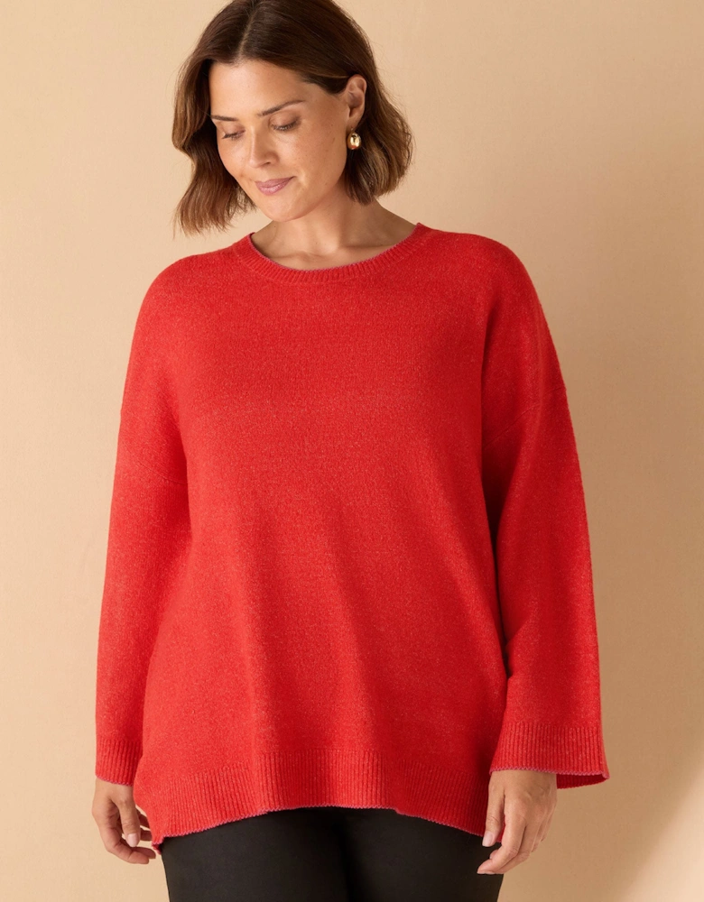 Red Crew Neck Contrast Stitch Knit Jumper