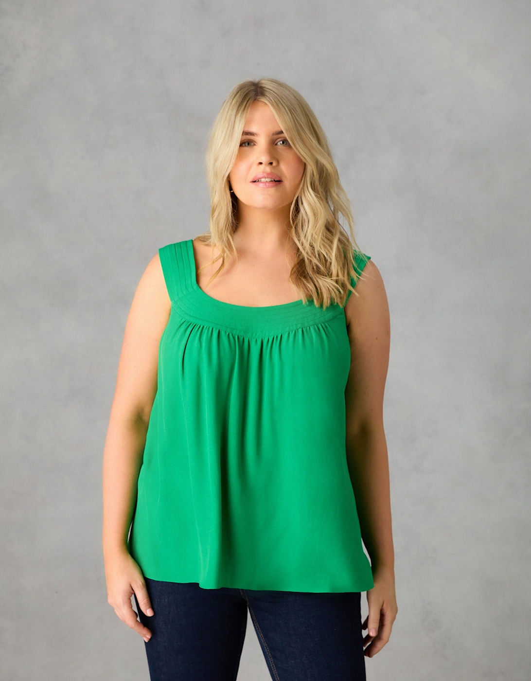 Green Pleat Neck Sleeveless Blouse