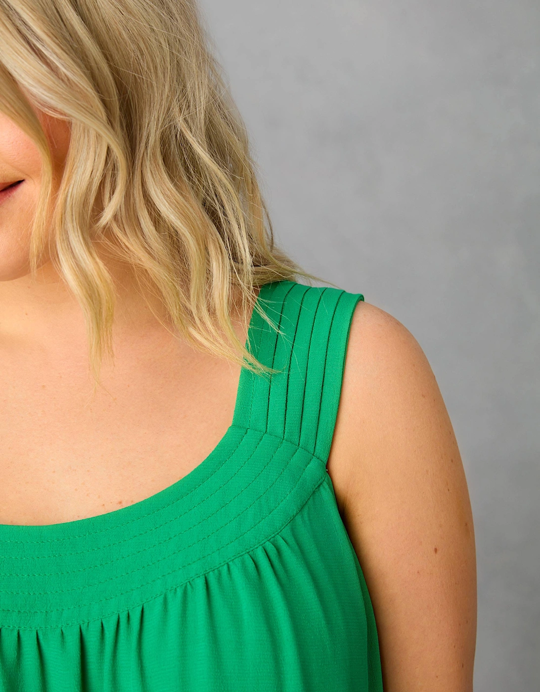 Green Pleat Neck Sleeveless Blouse