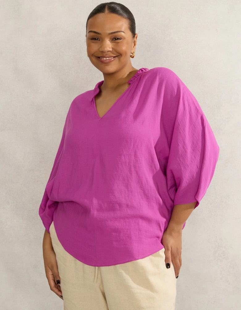 Magenta Dolman Sleeve Gathered Neck Top