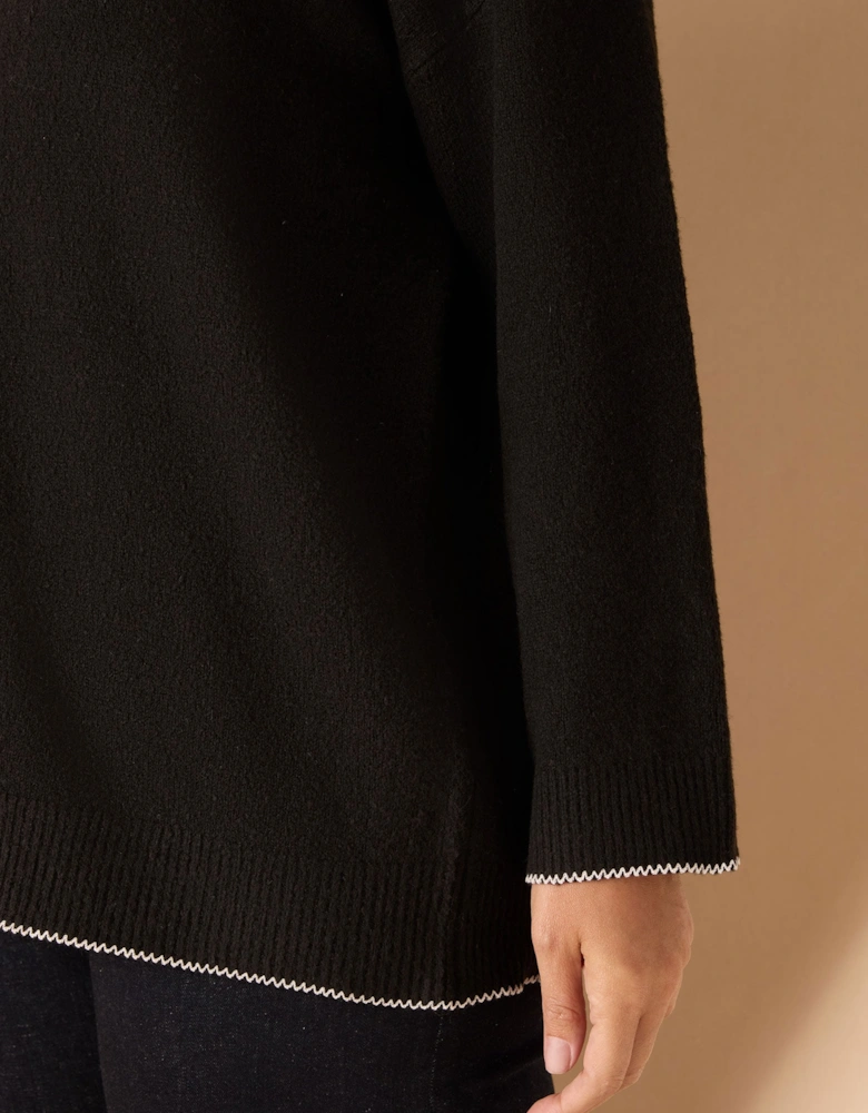 Black Crew Neck Contrast Stitch Knit Jumper