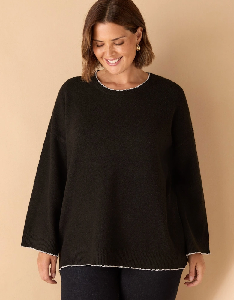 Black Crew Neck Contrast Stitch Knit Jumper