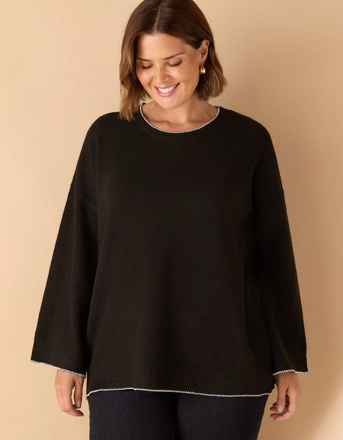 Black Crew Neck Contrast Stitch Knit Jumper, 5 of 4