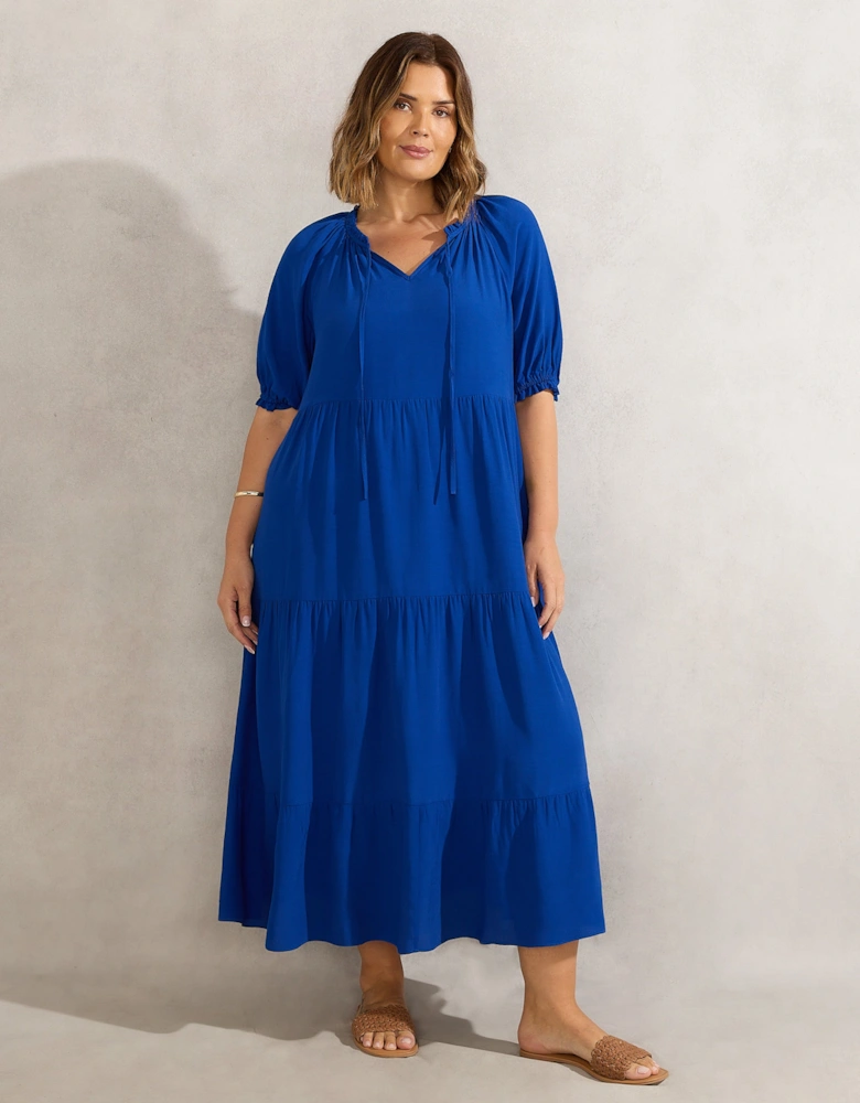 Blue Tiered V Neck Midiaxi Dress