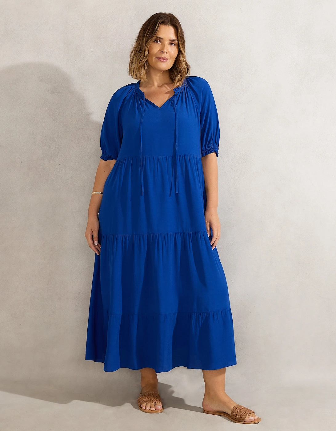 Blue Tiered V Neck Midiaxi Dress