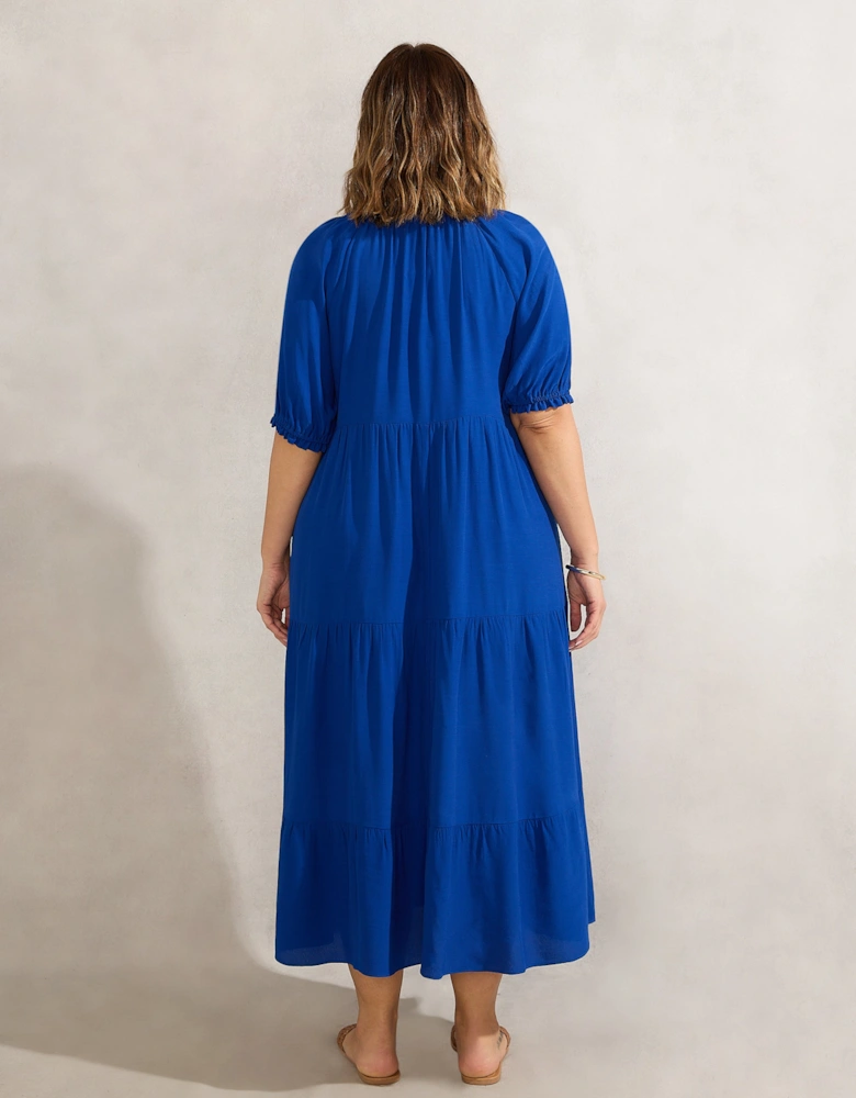 Blue Tiered V Neck Midiaxi Dress