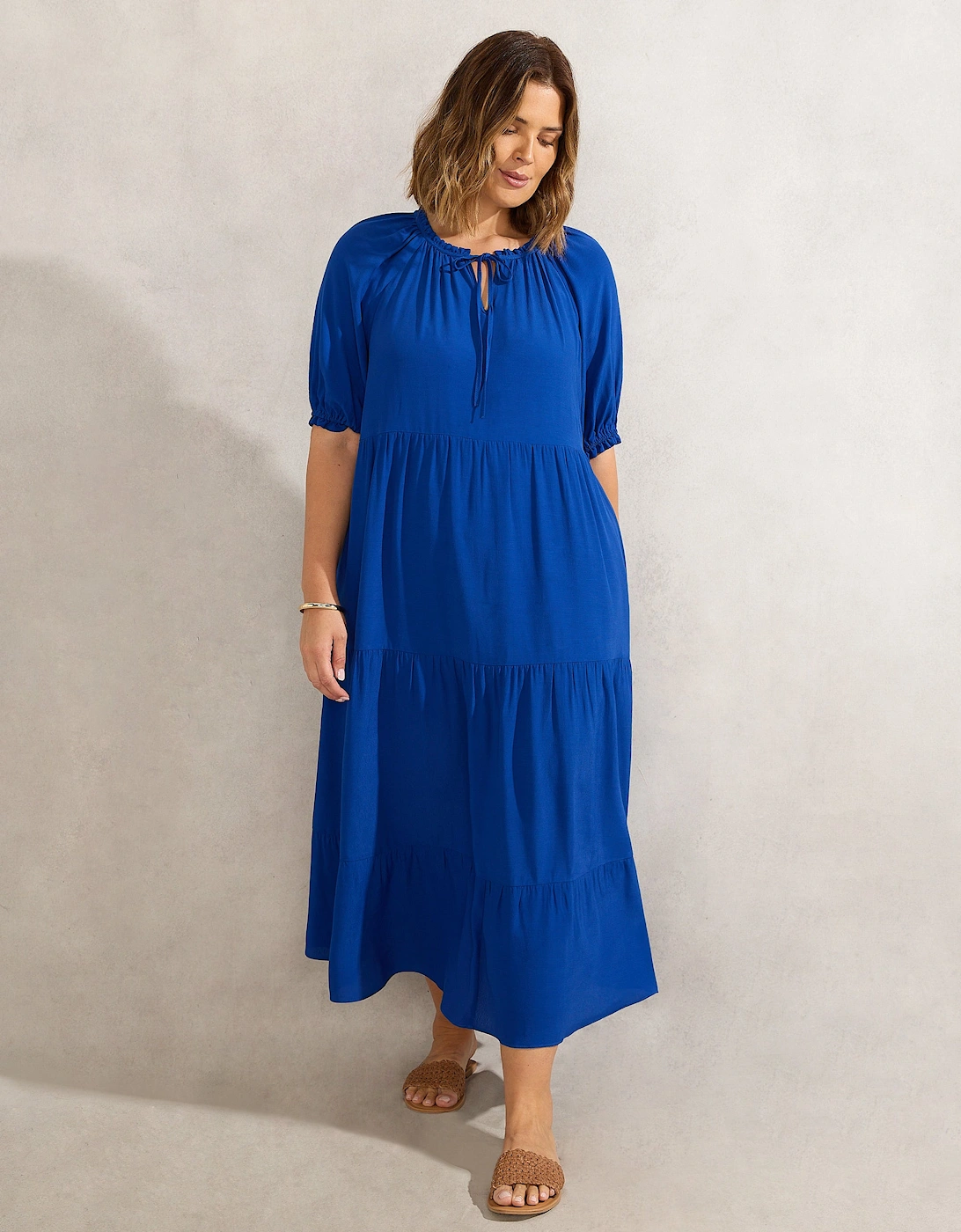 Blue Tiered V Neck Midiaxi Dress