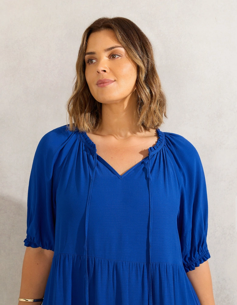 Blue Tiered V Neck Midiaxi Dress