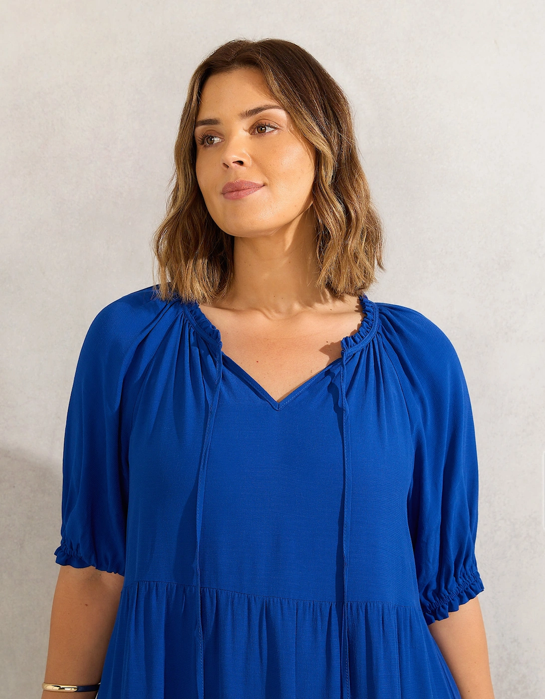 Blue Tiered V Neck Midiaxi Dress
