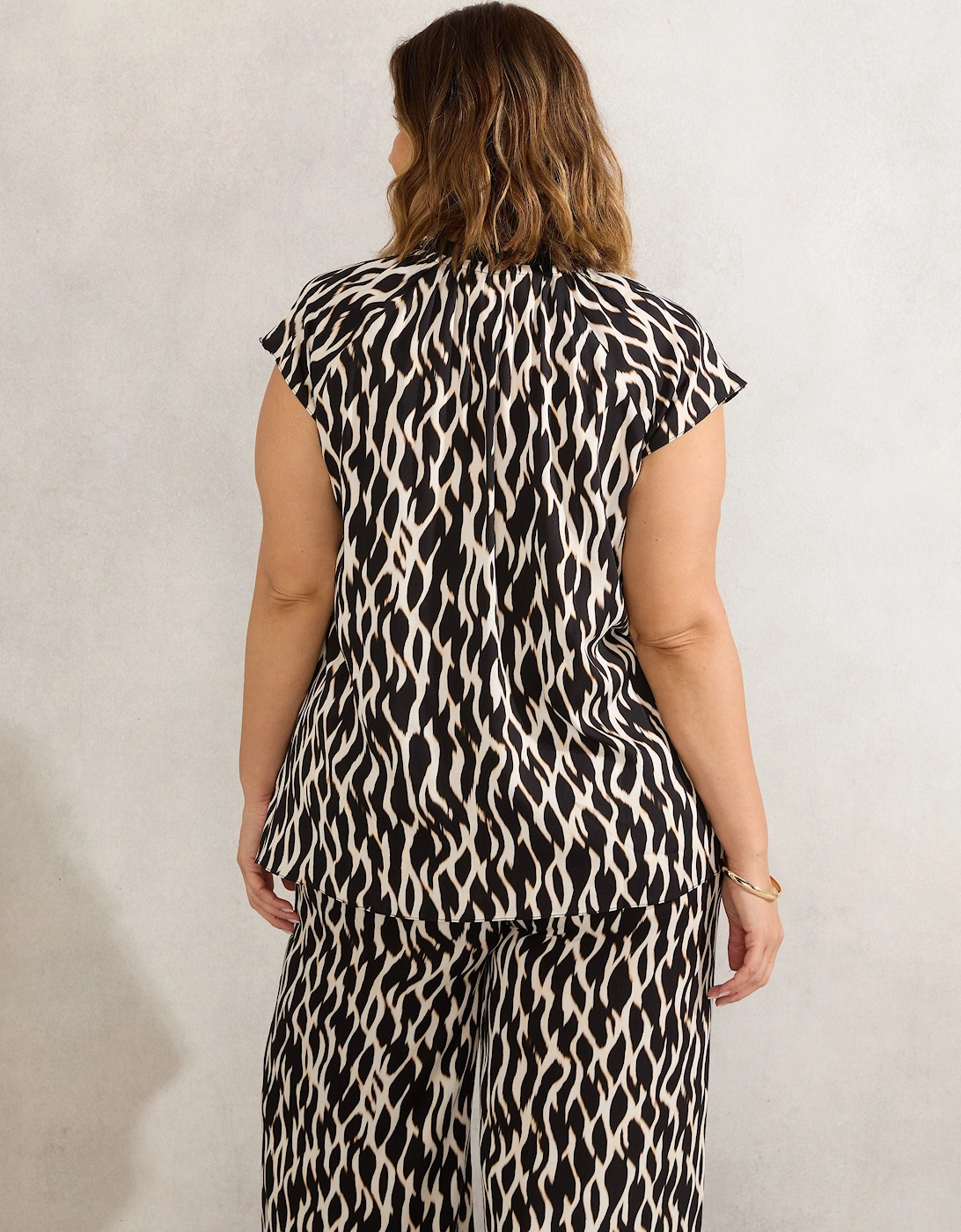 Mono Print Short Sleeve Tie Neck Blouse