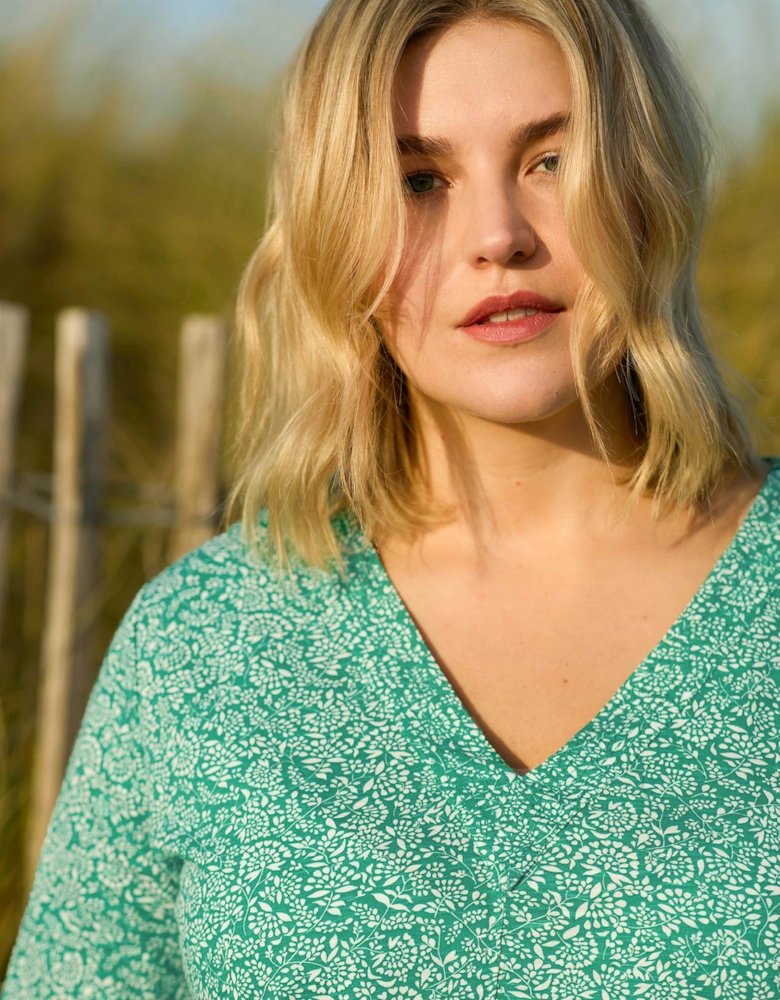 Green Ditsy Leaf Cotton Slub Relaxed Tunic