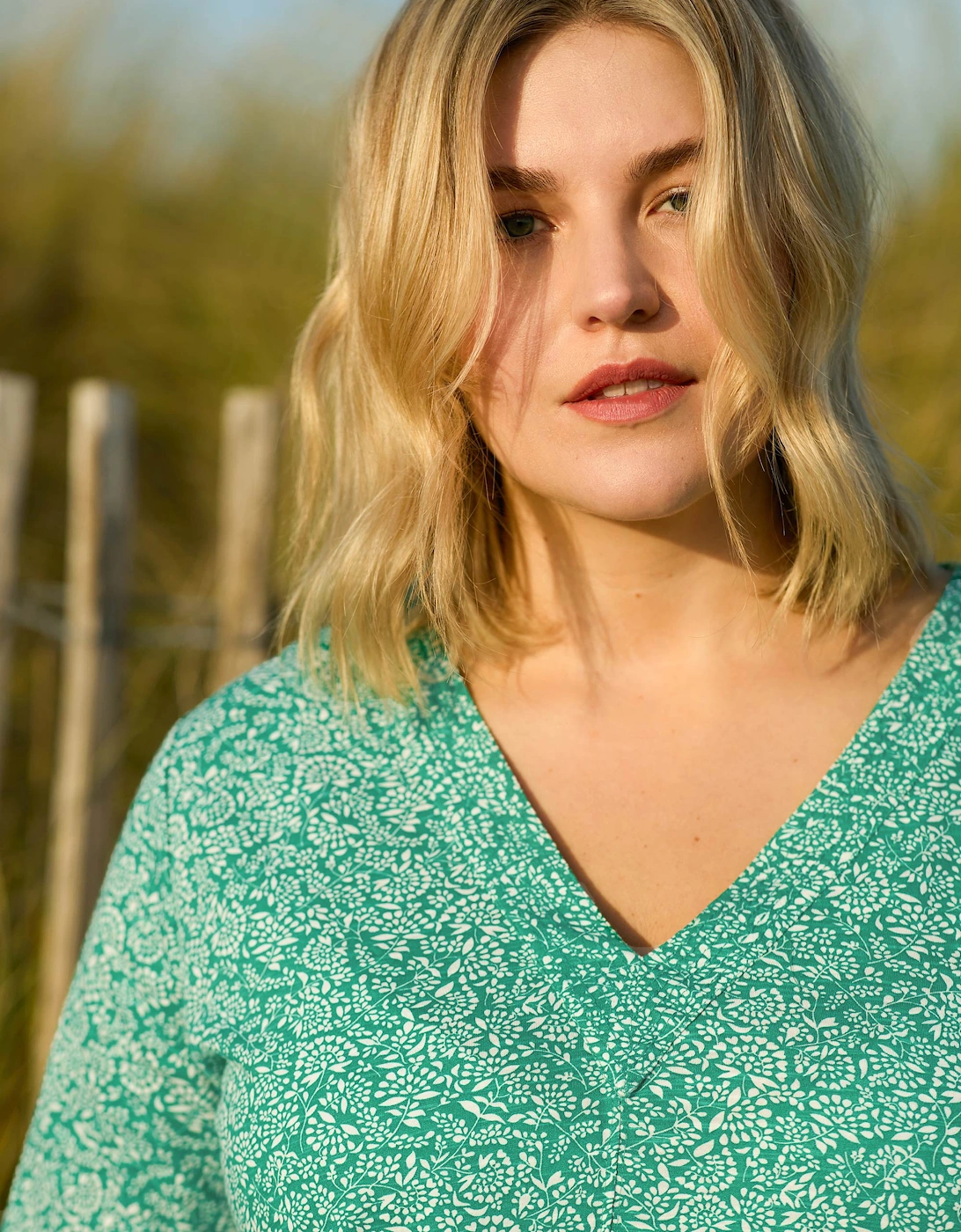 Green Ditsy Leaf Cotton Slub Relaxed Tunic