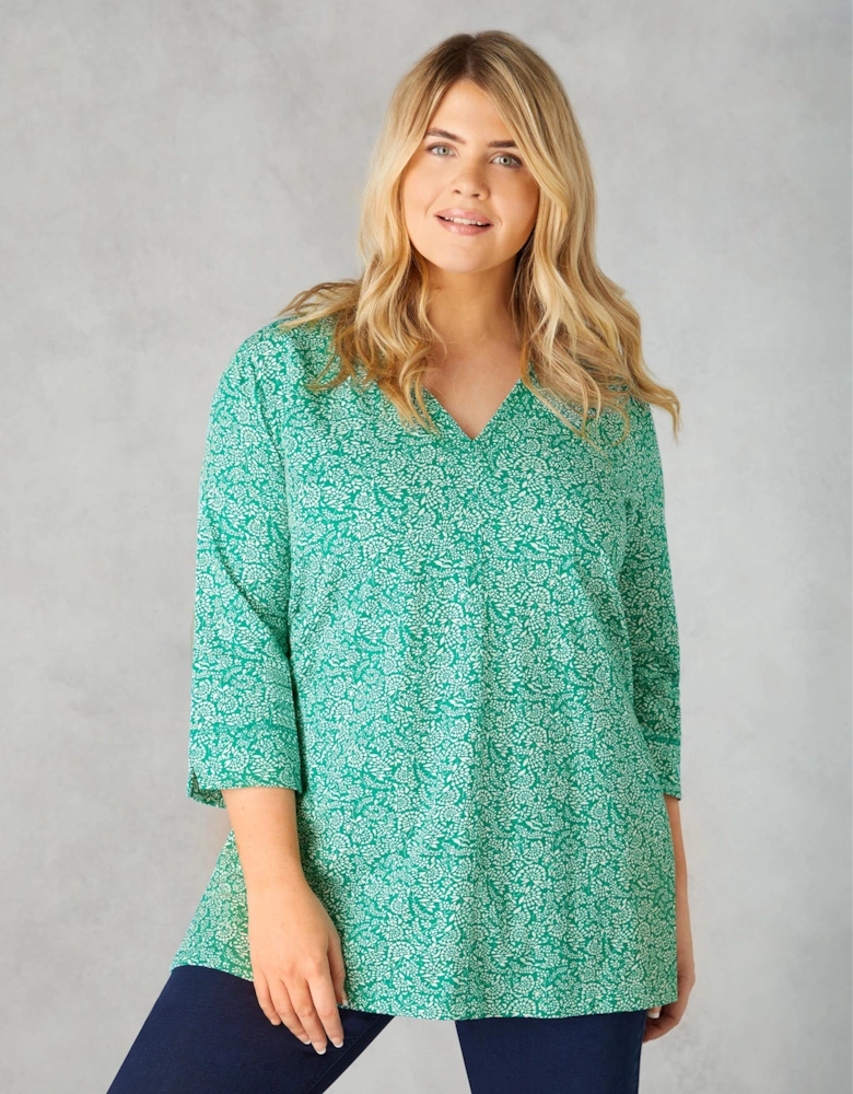 Green Ditsy Leaf Cotton Slub Relaxed Tunic