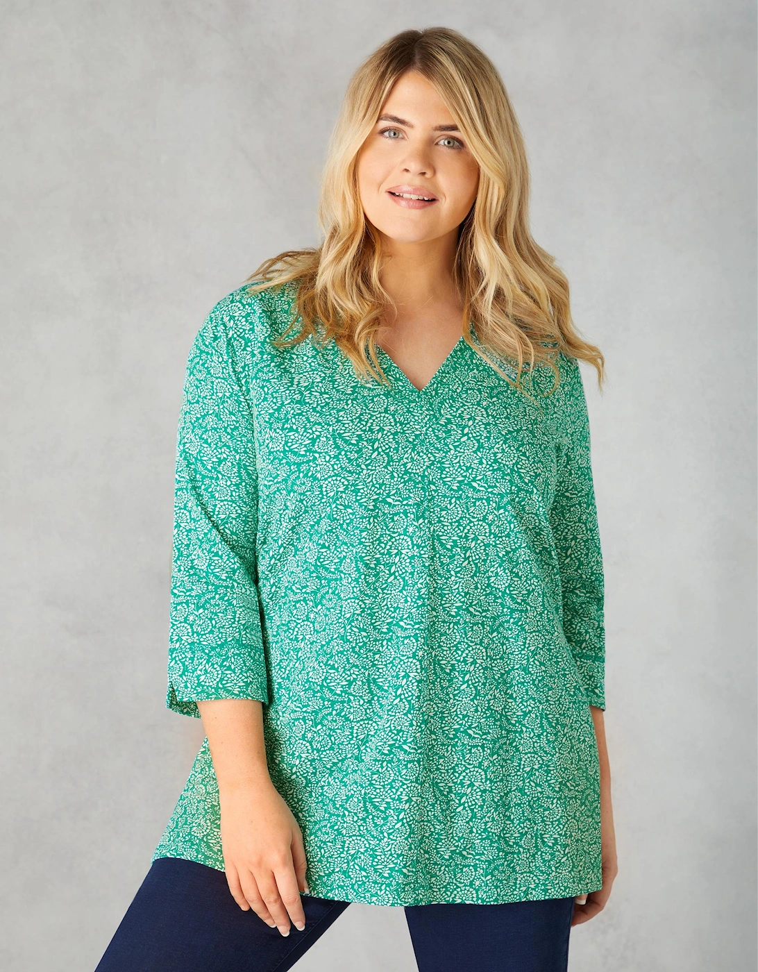 Green Ditsy Leaf Cotton Slub Relaxed Tunic