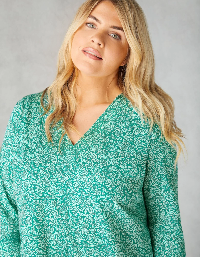 Green Ditsy Leaf Cotton Slub Relaxed Tunic
