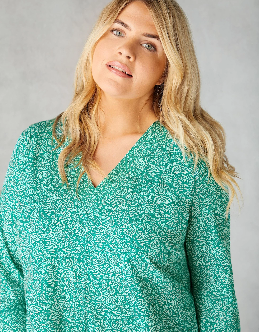 Green Ditsy Leaf Cotton Slub Relaxed Tunic