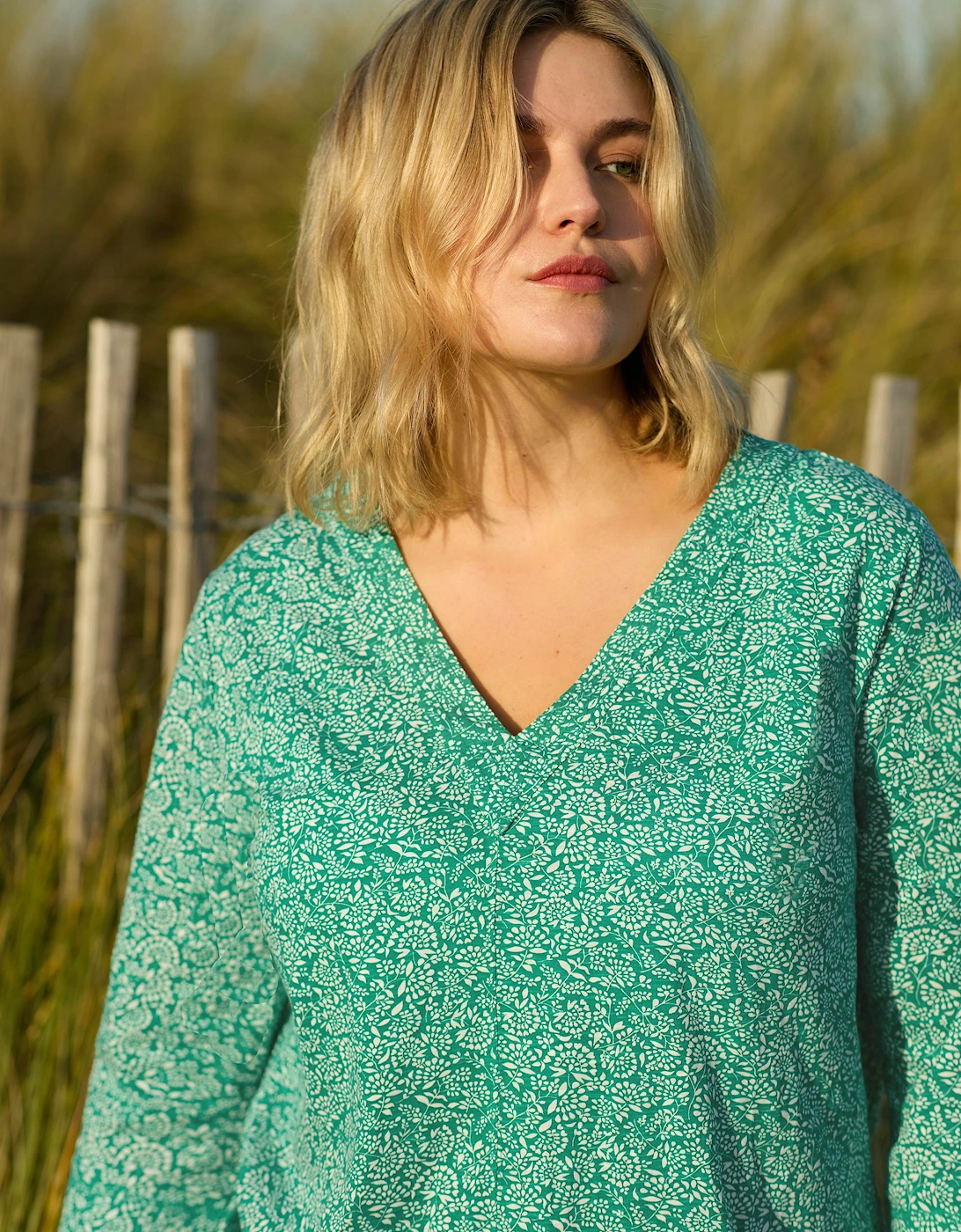 Green Ditsy Leaf Cotton Slub Relaxed Tunic