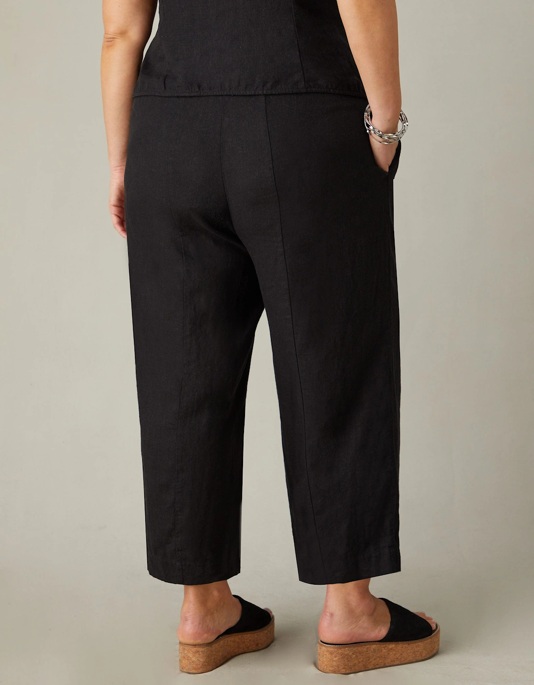 Black Linen Blend Wide Leg Cropped Trousers