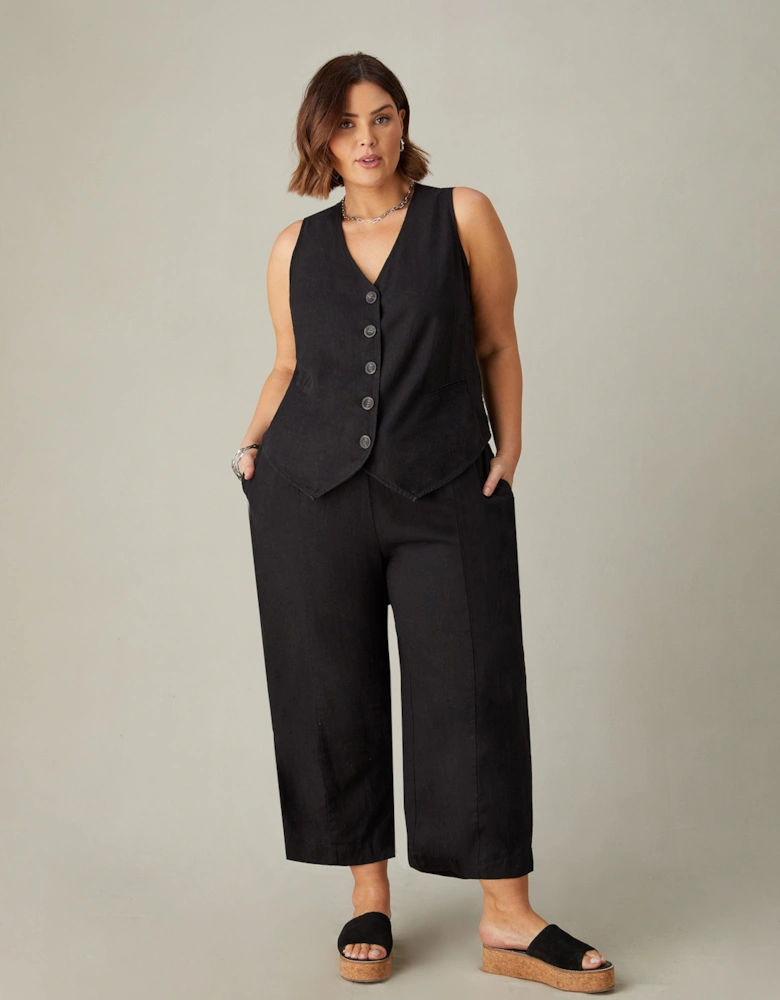 Black Linen Blend Wide Leg Cropped Trousers