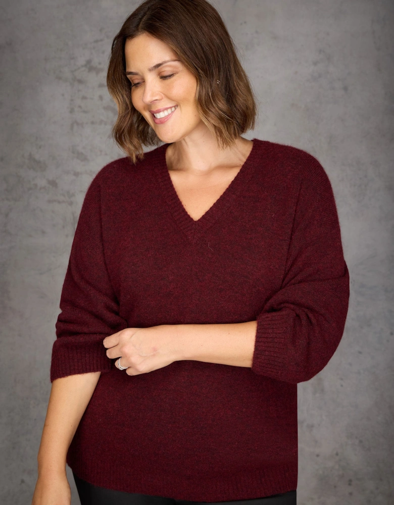 Burgundy V Neck Jumper With Wool and Alpaca