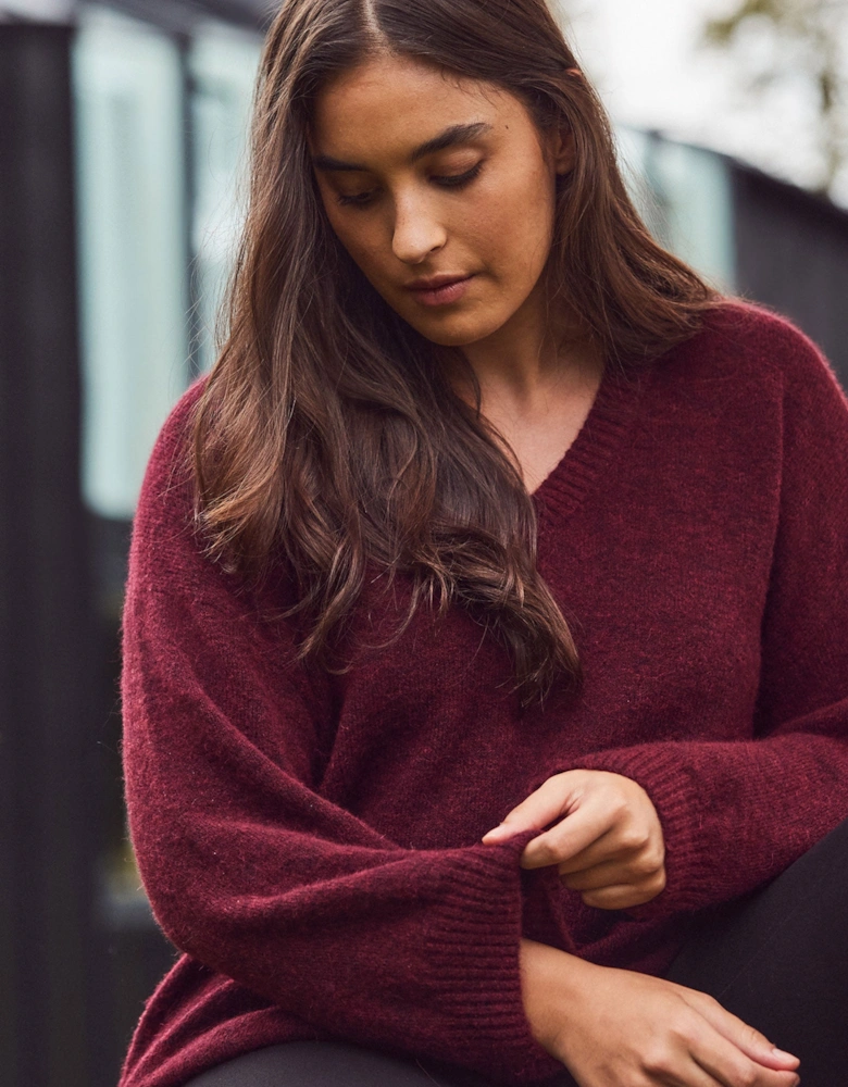 Burgundy V Neck Jumper With Wool and Alpaca