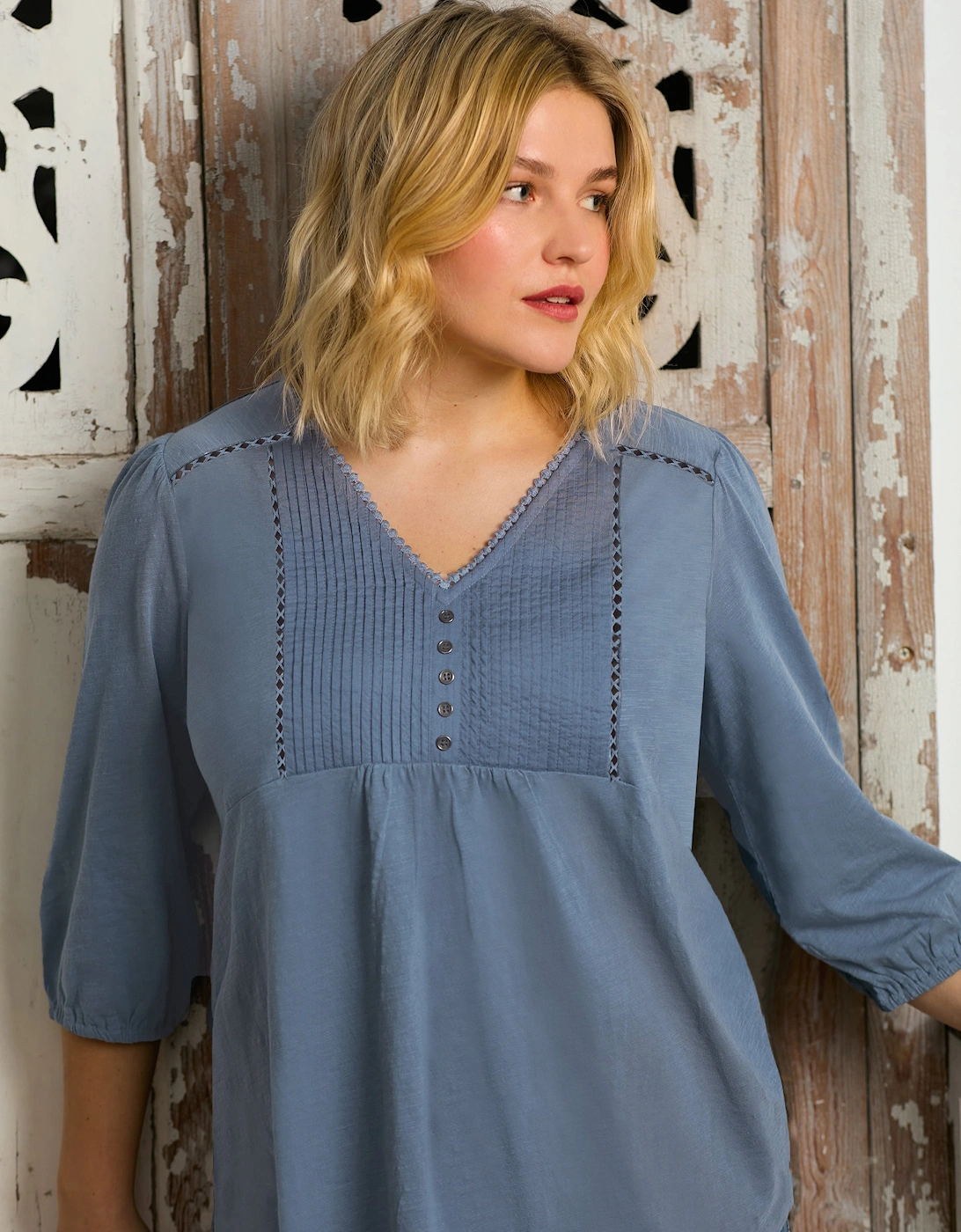 Blue Cotton Slub Pintuck Tunic