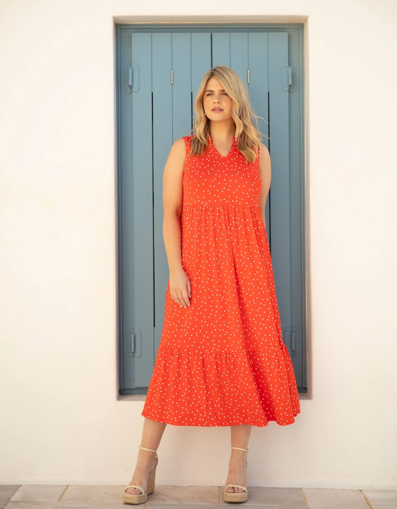 Red Spot Jersey Sleeveless Midi Dress