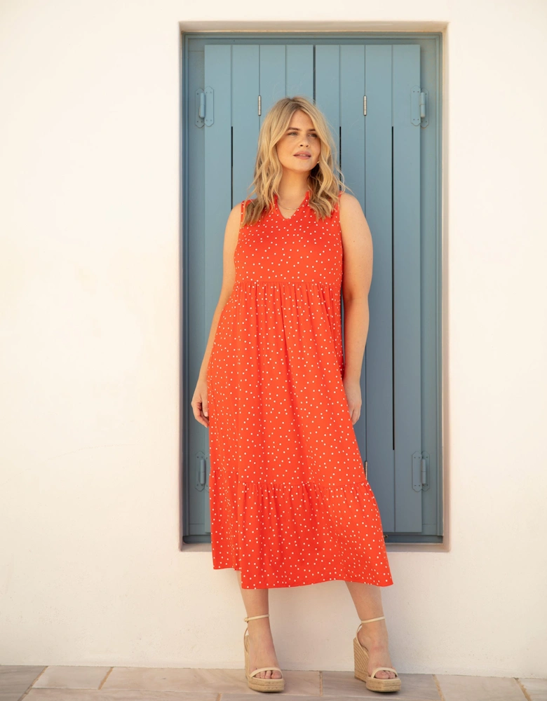 Red Spot Jersey Sleeveless Midi Dress